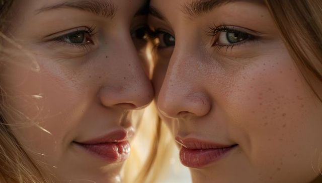 Gazing young women leaning nose-to-nose in golden hour showing freckles and long lashes