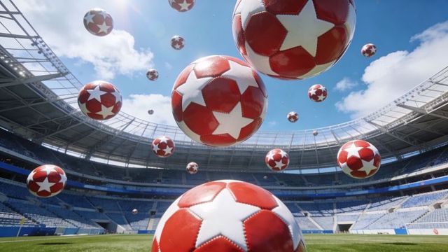 Floating red white star soccer balls hovering above empty stadium, surreal sports banner