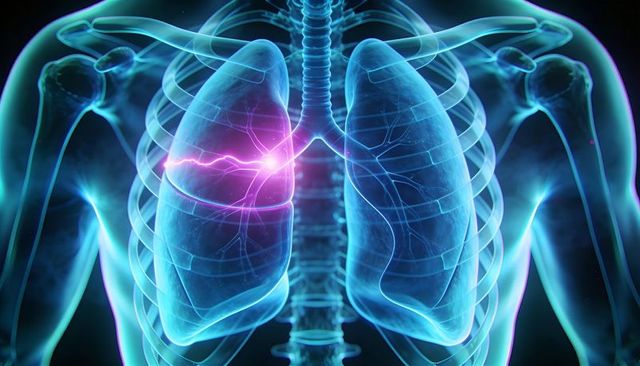 3D Chest Anatomy Showing Left Lung Lesion and Neural Signal Highlighting Bronchi