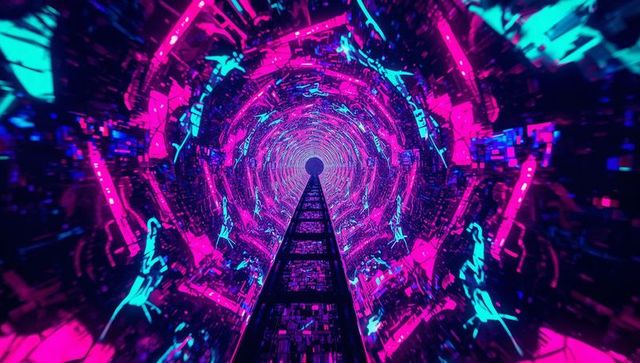 Futuristic Neon Cyber Tunnel with Glowing Portal