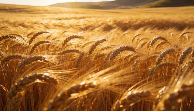 Ripe golden wheat heads swaying in warm backlight across rolling farmland, long awns