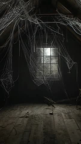 Dusk light filtering through abandoned attic window, cobwebs drifting in vertical video