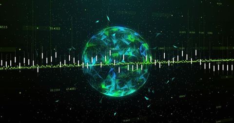Glowing holographic globe visualizing real-time data stream across neon waveform cyber HUD