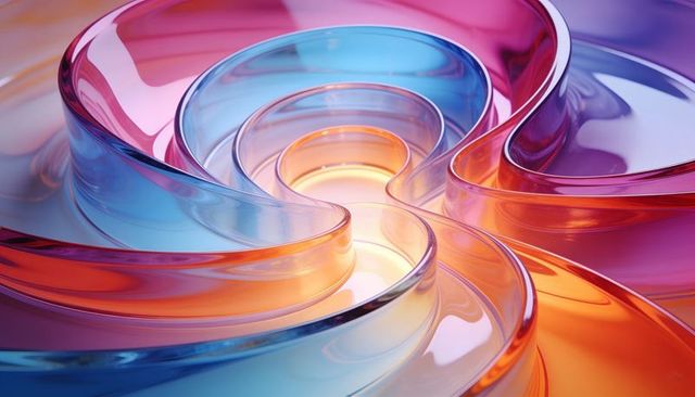 Spiraling iridescent glass ribbons forming glowing vortex with colorful gradients