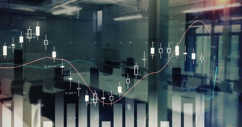 Digital financial market analysis over modern office background