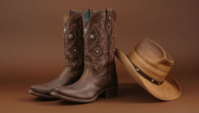 Brown leather cowboy boots and straw hat pair symbolizing western style