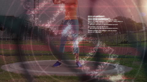 Athlete Analyzing Shot Put Technique with Digital Data Overlay