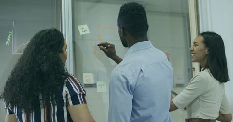 Business team brainstorming ideas on office glass wall