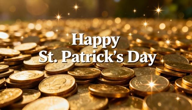 Happy st. Patrick's day gold coin pile with sparkling bokeh and festive text