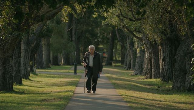 Walking elderly man using cane and holding folded mask on tree-lined park path golden hour