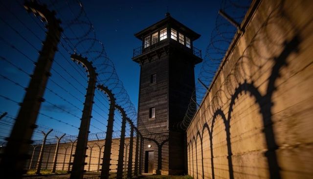 Night guard tower overlooking secure perimeter with lit observation room and razor wire