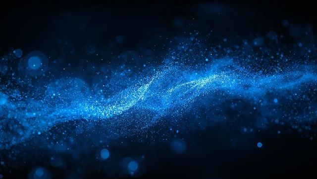 Flowing luminous blue particle stream forming s-shaped wave on dark navy background