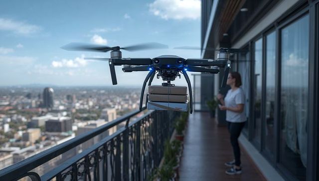 Hovering delivery drone carrying parcels to high-rise balcony with woman watching city