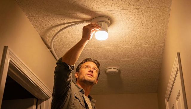 Handyman replacing ceiling light in narrow home hallway, reaching up under textured ceiling