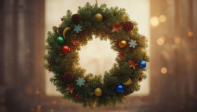 Festive wreath with gold accents and ornaments in cozy interior