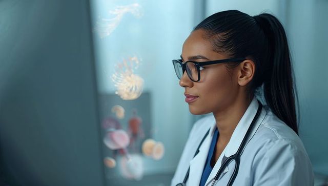 Female clinician analyzing medical data on monitor with stethoscope and glasses