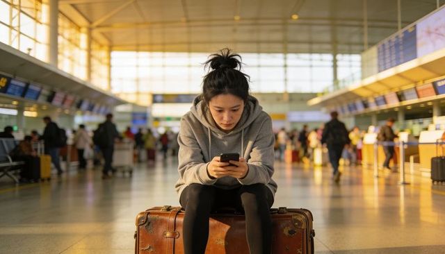 Young woman on vintage suitcase checking phone at airport during golden hour