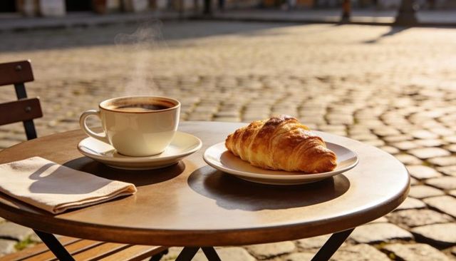 Steam rising from cup with golden croissant on sunlit cobblestone bistro table