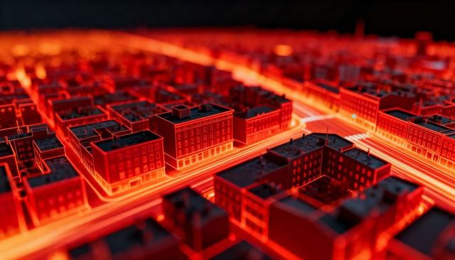 Neon Red Cyber City Model with Glowing Streets and Tilt-Shift Urban Grid