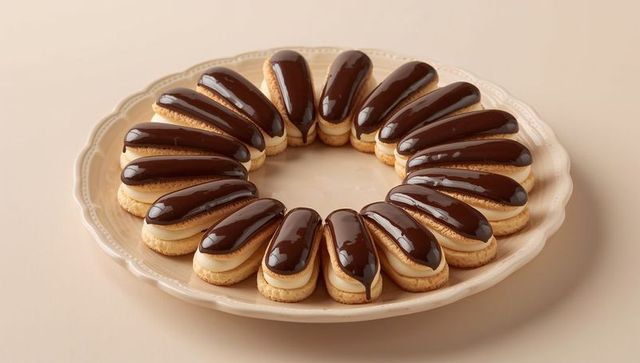 Arranging chocolate-glazed mini eclair wreath on scalloped plate for elegant dessert display