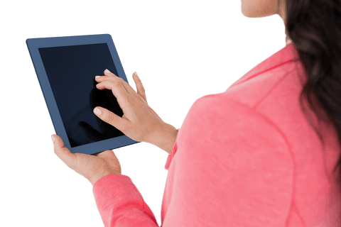 Businesswoman in pink blazer using tablet on transparent background