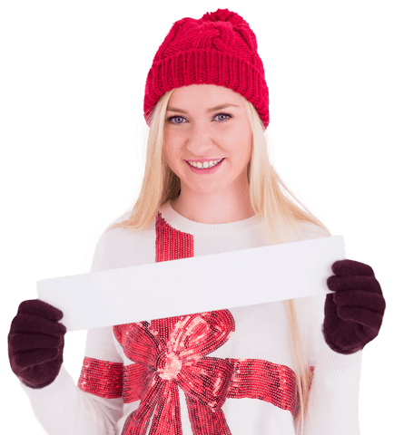 smiling woman in winter wear with blank transparent sign - Download Free Stock Videos Pikwizard.com