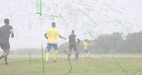 Foggy park soccer match showing yellow and black teams under green data overlay