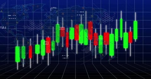 Futuristic neon candlestick chart visualizing global market trends and trading data