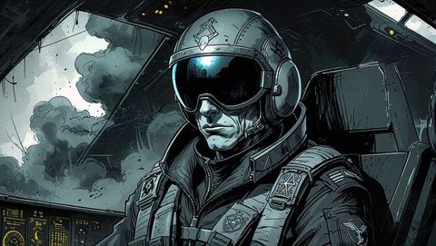 Futuristic f16 fighter jet pilot in cockpit with cracked canopy