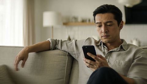 Contemplative asian man sitting on sofa scrolling smartphone in minimalist living room