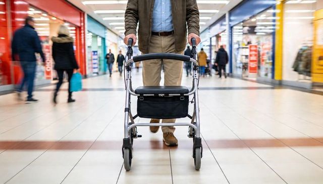 Senior man walking with rollator in busy mall corridor pushing walker for mobility