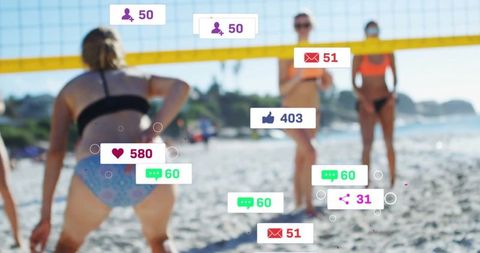 Bikini-Clad Women Playing Beach Volleyball with Social Media Overlays