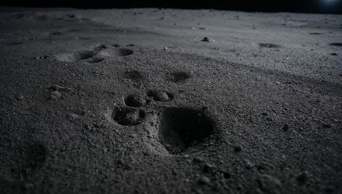 Rectangular footprint casting deep shadow on granular moonlike sand with paw tracks