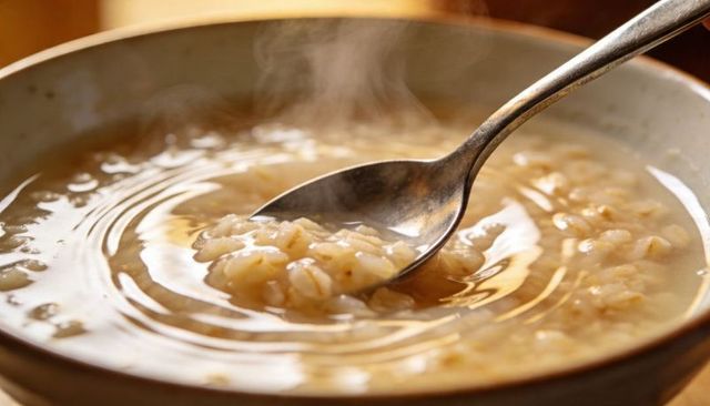 Steaming oat porridge being scooped with spoon in rustic ceramic bowl closeup
