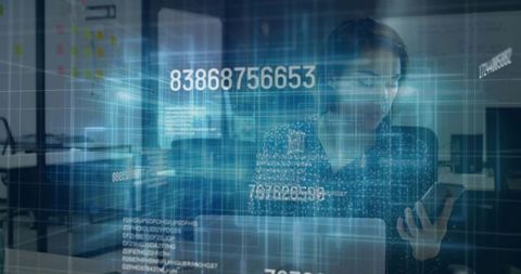 Businesswoman Using Smartphone and Laptop with Holographic Data Overlay in Office