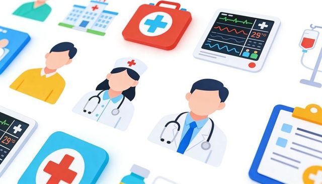 Flatlay medical icons featuring doctor and nurse avatars with ecg monitor and clipboard