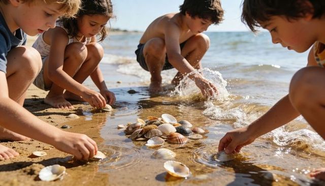 Children collecting seashells and splashing at sunny shoreline, playing together