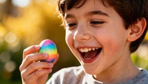 Joyful school-age boy holding colorful rainbow easter egg outdoors during golden hour