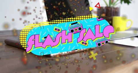 Colorful Flash Sale Banner Hovering Over Workspace Scene