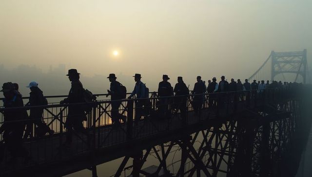 Silhouetted commuters walking across foggy steel suspension bridge at sunrise, urban haze