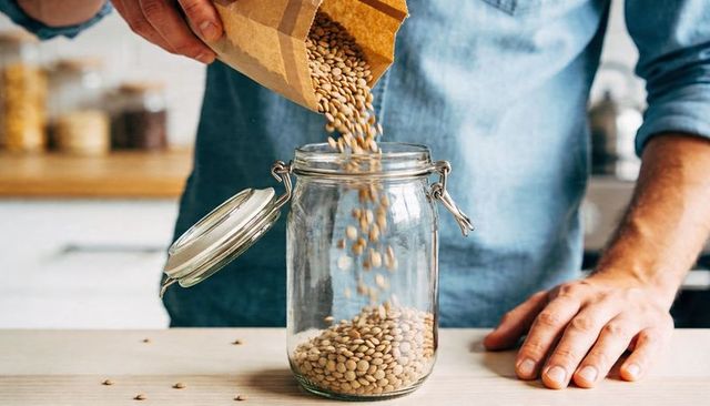 Pouring lentils into glass jar by man in denim shirt on kitchen countertop pantry storage