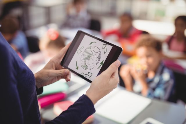 Teacher holding digital tablet with recycling symbol, engaging students in environmental education. Ideal for illustrating modern teaching methods, technology in education, eco-friendly initiatives, and interactive learning environments.