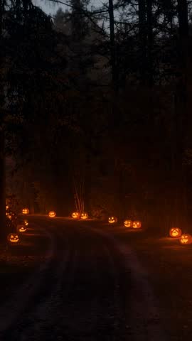 Vertical Halloween Road Lined with Jack-O'-Lanterns Panning Up into Forest Canopy at Dusk
