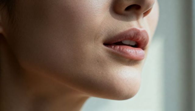 Close-up portrait showing female lips and jawline in soft natural window light