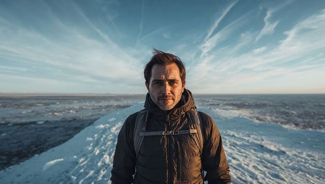 Standing man wearing puffer jacket carrying backpack on frozen shoreline with contrail sky