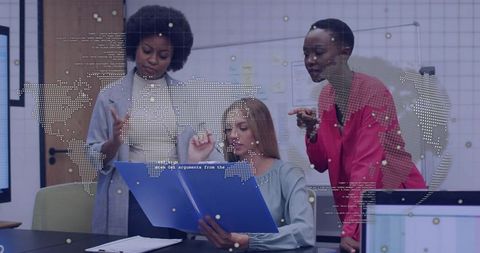 Diverse Team Collaborating with Global Data Overlay