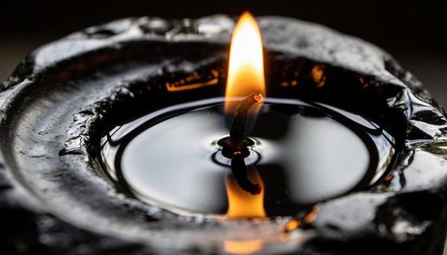 Burning candle wick pooling molten wax reflecting warm amber flame on charred rim