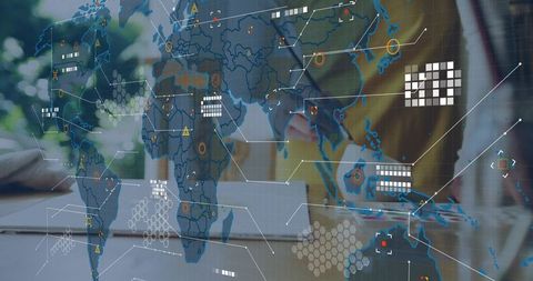 Global Cybersecurity Dashboard Overlay with Analyst Monitoring Data on Laptop Workstation