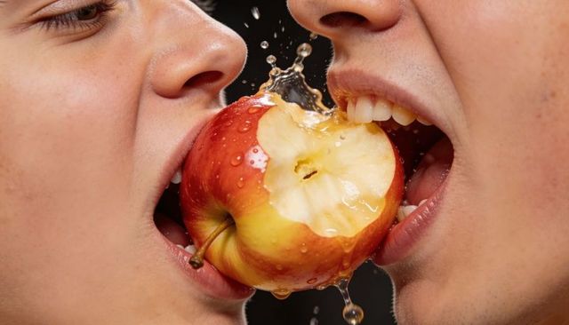Intimate closeup two people biting juicy apple together with water splash and droplets