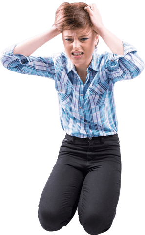 Stressed Woman Holding Head in Transparent Background